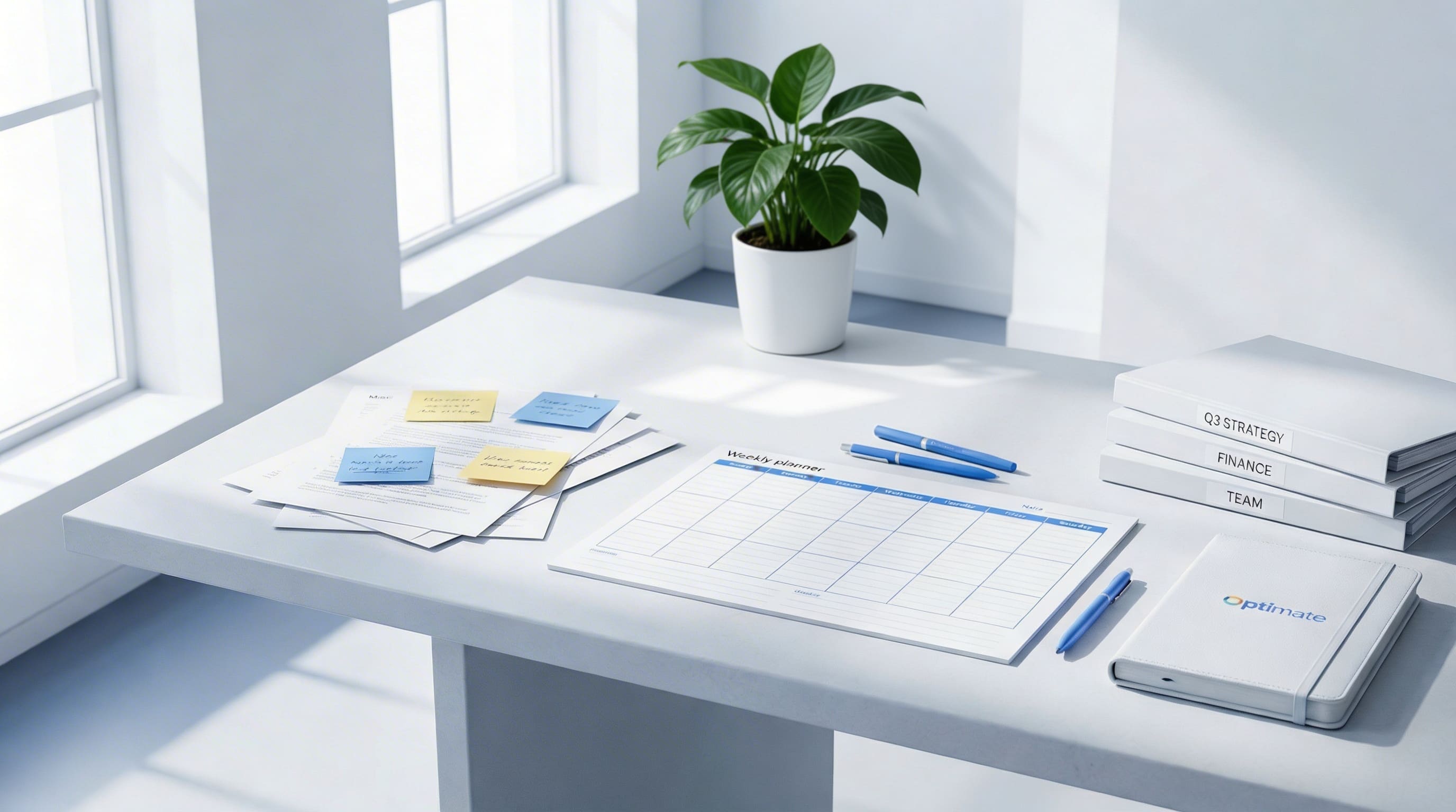 A manager's organized workspace with a clear desk and structured workflow