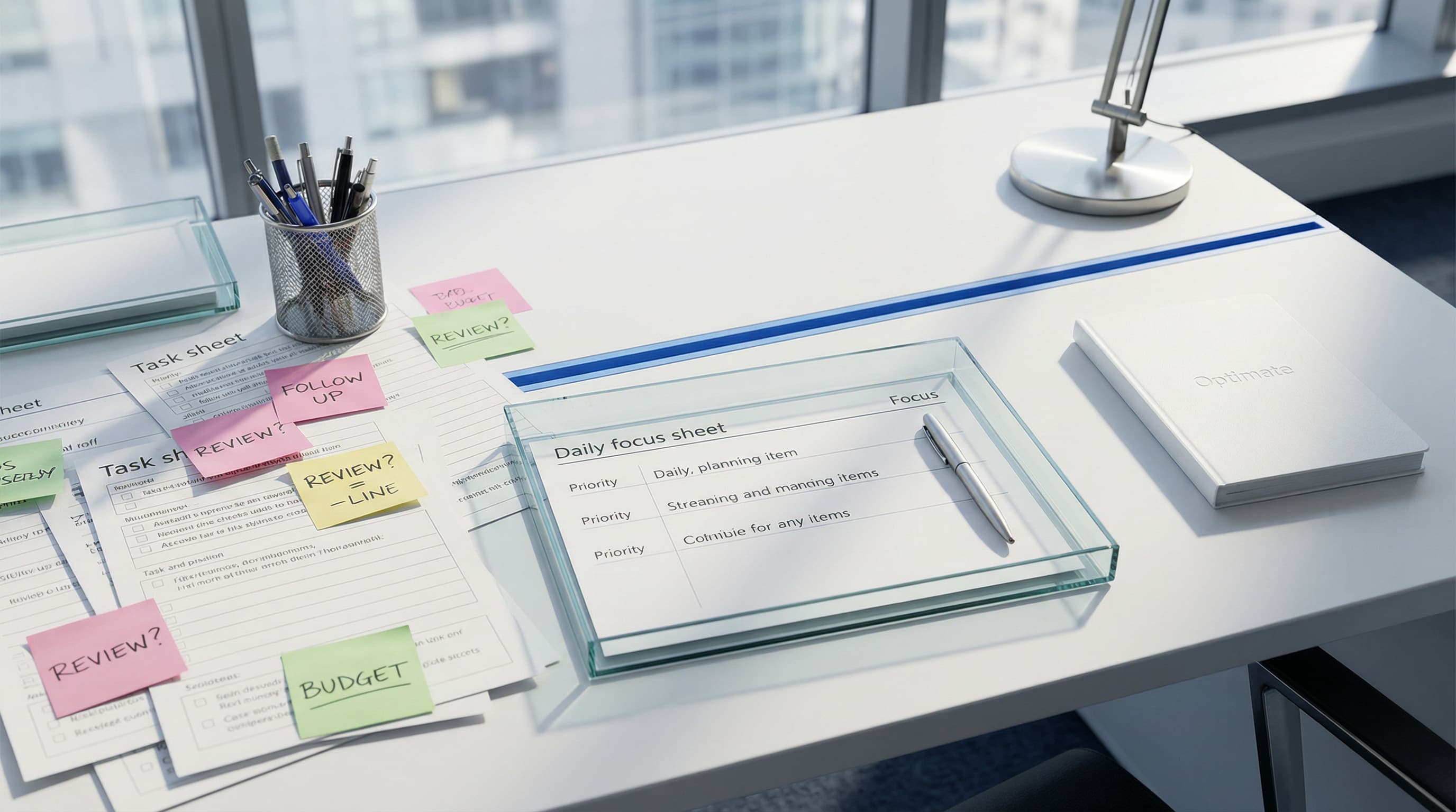 A professional's desk with a clear, organized workspace representing reduced overwhelm