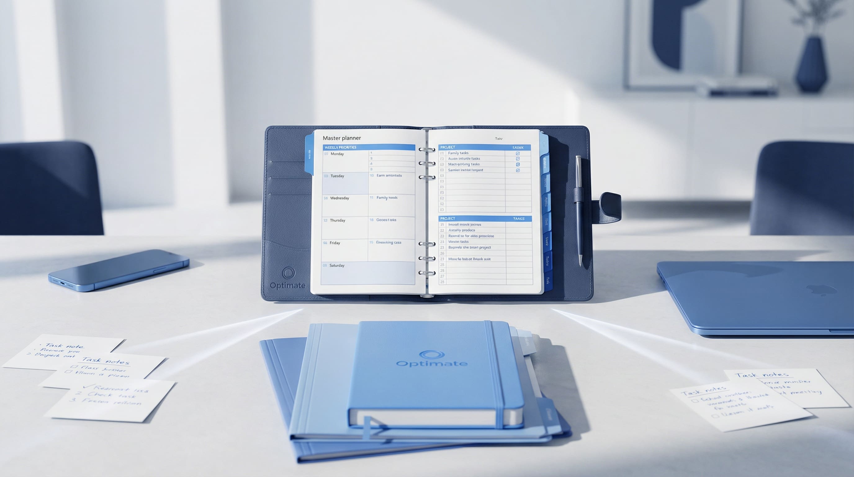 A professional's clean desk with a structured workflow system visible on screen