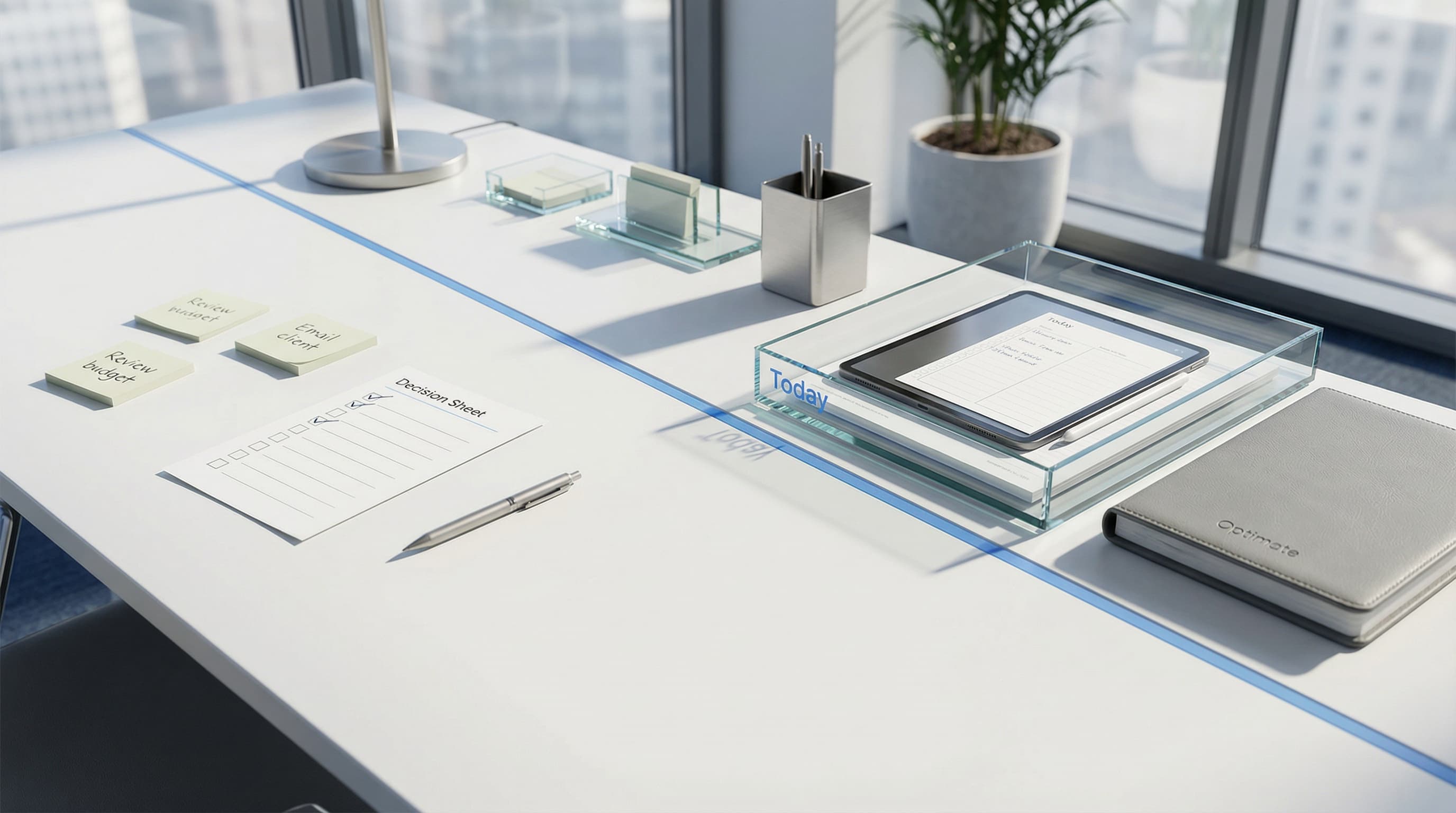 A professional looking fatigued at their desk, surrounded by many decisions and tasks